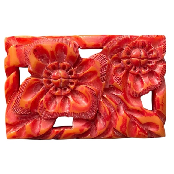 Jewelry - VINTAGE 30s/40s Art Deco Orange Bakelite Carved Brooch